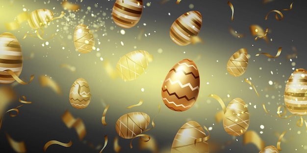 Feliz tarjeta de Pascua con huevos dorados y cintas.
