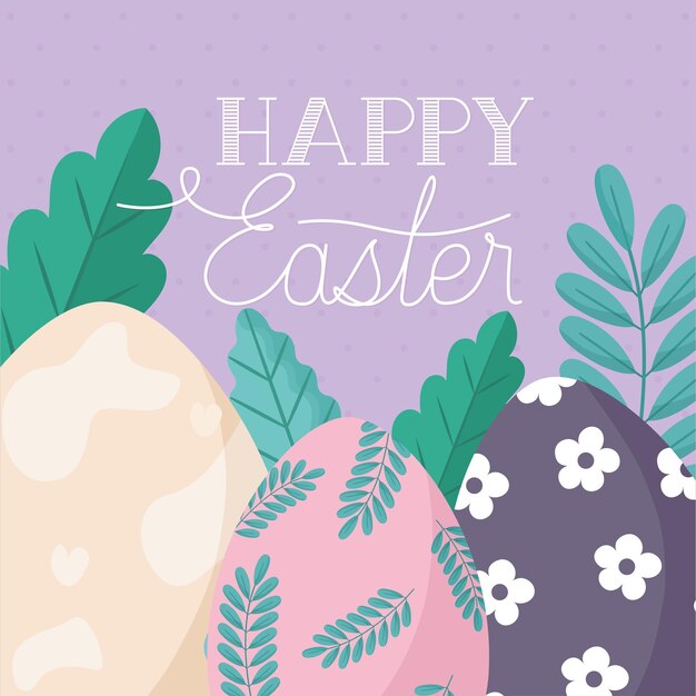 feliz tarjeta de pascua con huevos y plantas