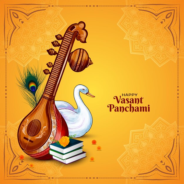 Feliz Vasant Panchami tarjeta de felicitación del festival indio con veena