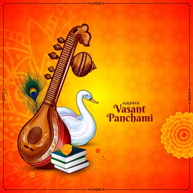 Feliz Vasant Panchami tarjeta de felicitación del festival indio con veena