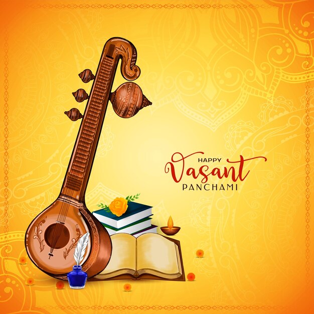 Feliz Vasant Panchami tarjeta de felicitación del festival indio con veena