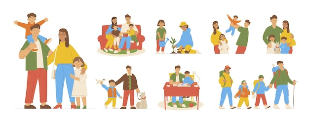 Feliz vida familiar plana con padres e hijos pasando tiempo juntos ilustraciones vectoriales aisladas