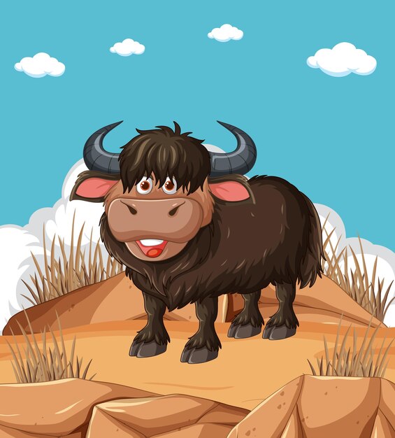 Feliz Yak de dibujos animados en la montaña