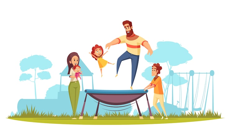 Vector gratuito feriados familiares activos padre con hija durante el salto en trampolín madre con niños como espectadores