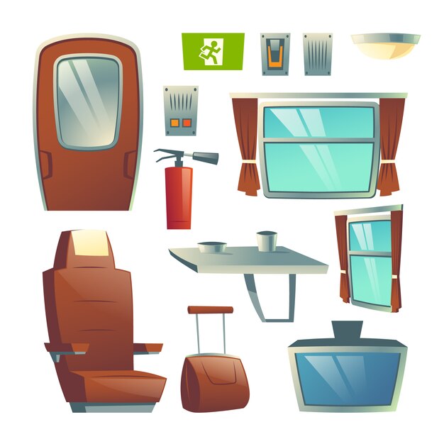 Ferrocarril de pasajeros tren vagón salón diseño interior elementos dibujos animados conjunto de vectores