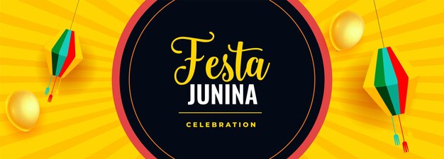 Festa junina celebración bandera amarilla con globos y lámparas