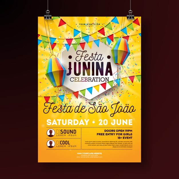 Festa Junina Party Flyer Ilustración con diseño de tipografía. Banderas, linterna de papel y confeti sobre fondo amarillo. Diseño del festival de junio de Brasil para invitación o cartel de celebración navideña.