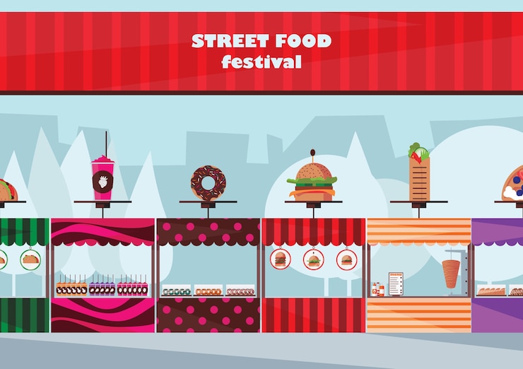 Vector gratuito festival de comida callejera con diferentes quioscos de comida rápida planos.