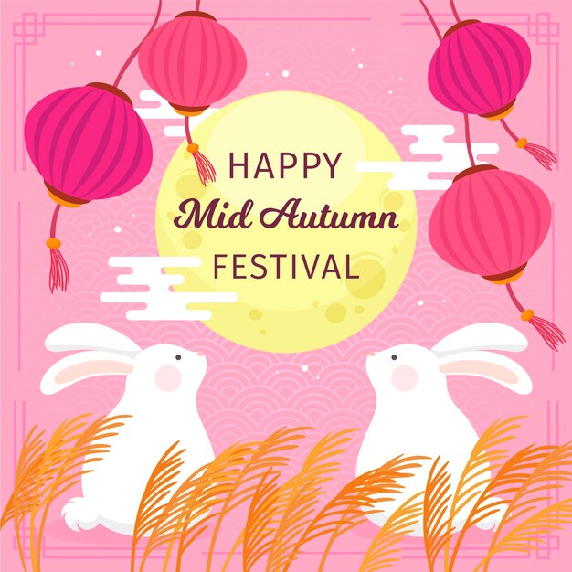 Festival del medio otoño dibujado a mano con conejitos y luna