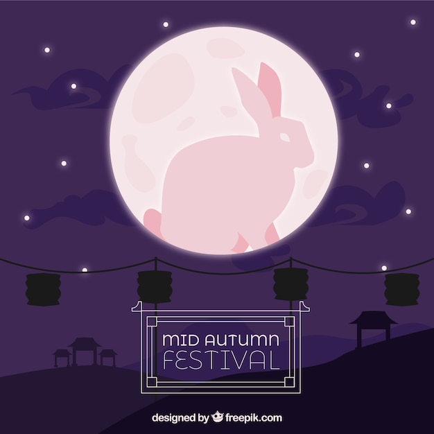 Festival de medio otoño, escena con luna rosa y un conejo