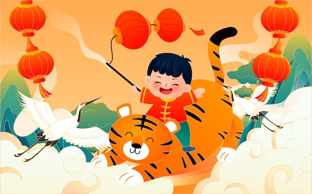Festival de primavera del año del tigre ilustración de la marea nacional festival del tigre del montar a caballo del niño del estilo chino