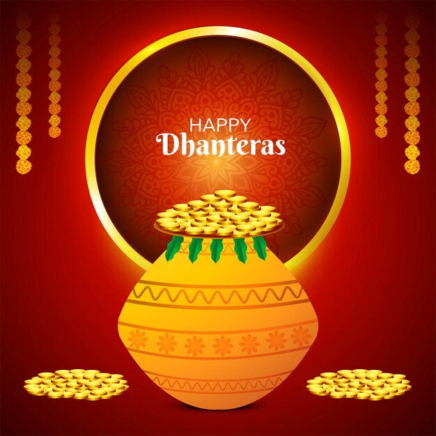 Festival religioso indio feliz dhanteras en moneda de oro en el fondo de la olla