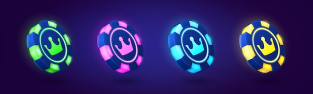 Fichas de juego de póquer de neón con vector de luz de corona