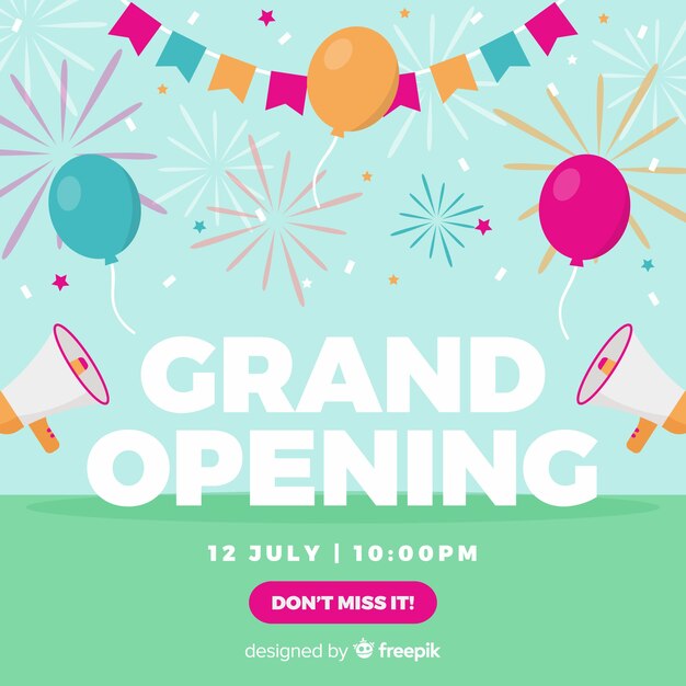 Fiesta de apertura pronto fondo plano de diseño.