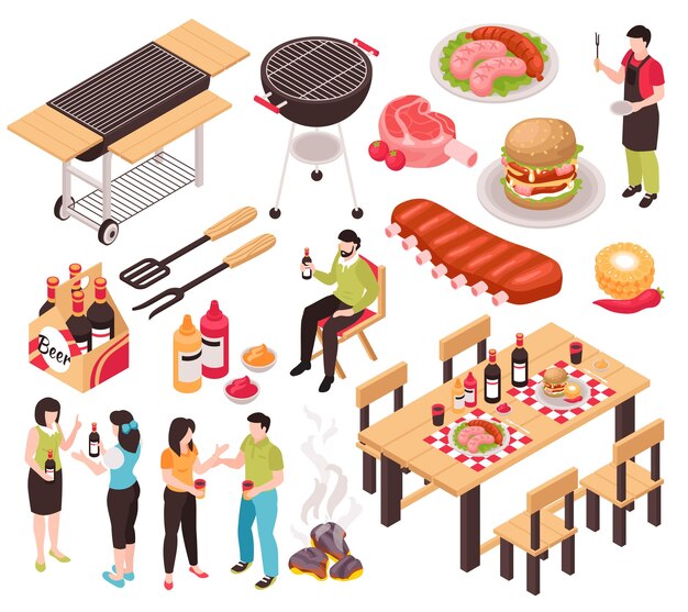 Fiesta de barbacoa isométrica con imágenes aisladas de mesas de ingredientes alimentarios y personajes humanos ilustración vectorial