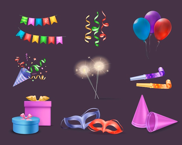 Vector gratuito fiesta de celebración con globos y cintas símbolos ilustración vectorial aislada realista