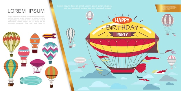 Fiesta de cumpleaños de aire plano con dirigibles y globos aerostáticos con diferentes patrones de ilustración