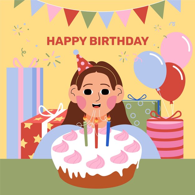 Fiesta de cumpleaños feliz con pastel y regalos.