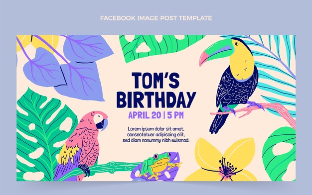 Fiesta de cumpleaños de la selva de diseño plano dibujado a mano