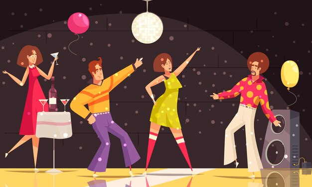 Fiesta disco con gente bailando y bebiendo ilustración plana,