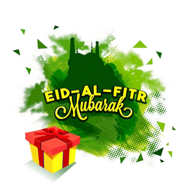 Fiesta islámica del festival Eid-Al-Fitr celebraciones concepto con caja de regalo y mezquita.