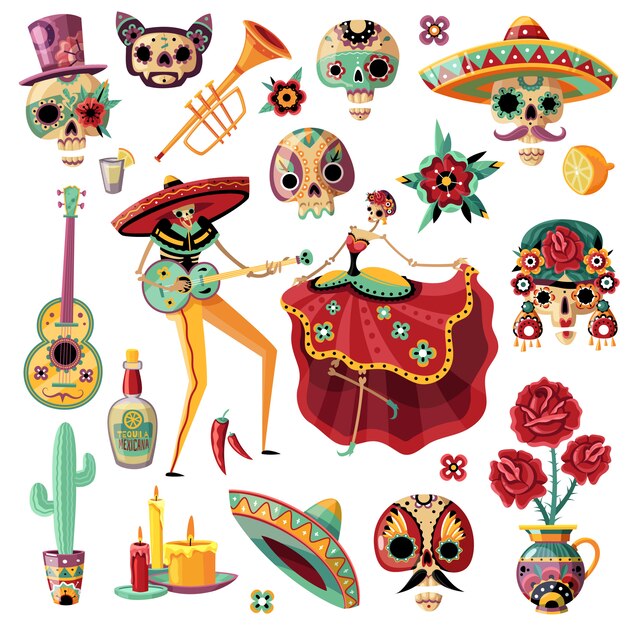 Fiesta mexicana del día de los muertos establece música étnica y danza máscaras decorativas velas flores