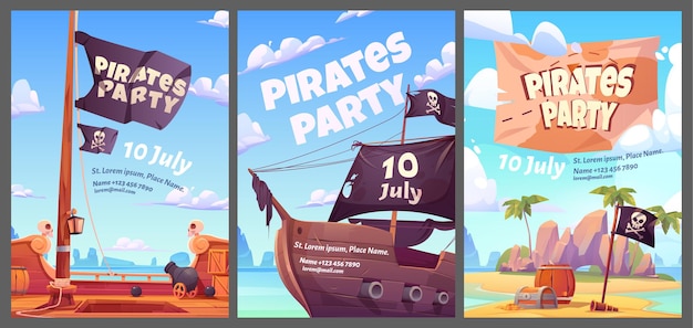 Vector gratuito fiesta de piratas carteles de dibujos animados de aventuras para niños con cofre del tesoro con oro en la isla secreta