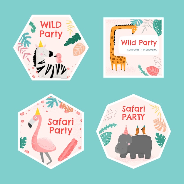 Vector gratuito fiesta safari con colección de etiquetas de animales salvajes