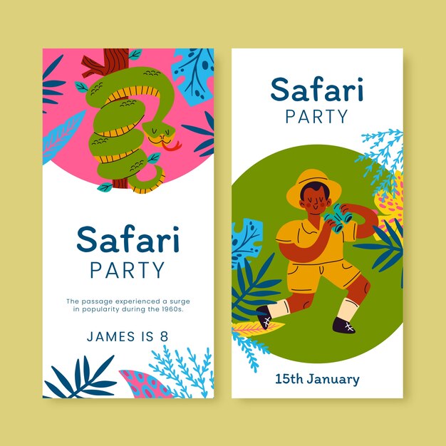 Fiesta safari con conjunto de banners verticales de animales salvajes