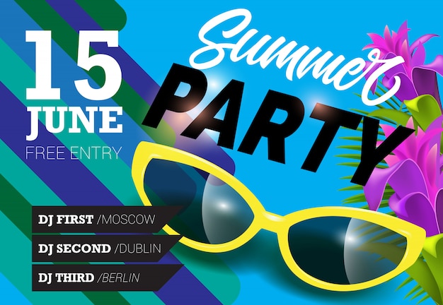 Vector gratuito fiesta de verano, 15 de junio letras con gafas de sol amarillas. invitación de verano