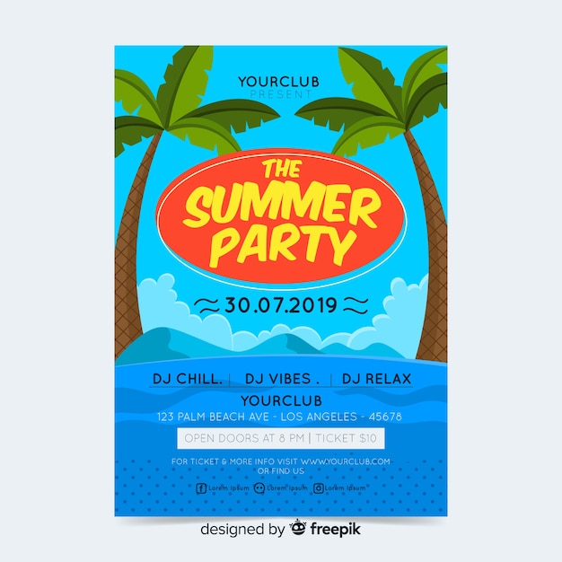 Vector gratuito fiesta de verano, plantilla de poster o flyer lista para imprimir