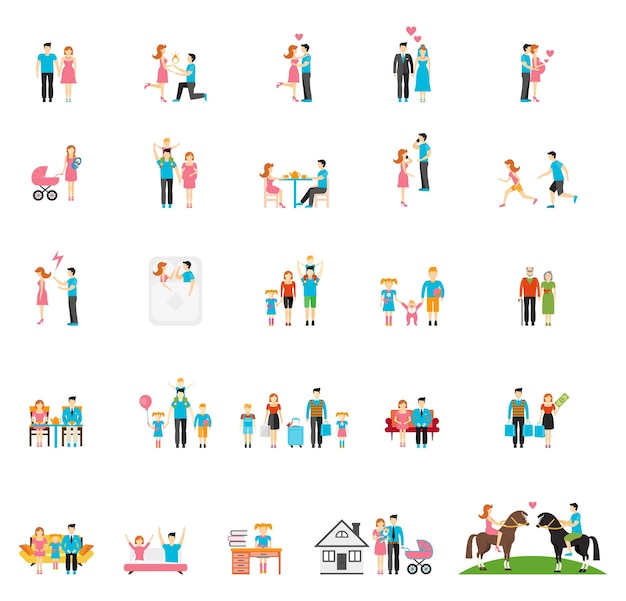 Vector gratuito figuras planas de pareja y familia. gente niño niña papá hermano infantil hija hermana mamá.