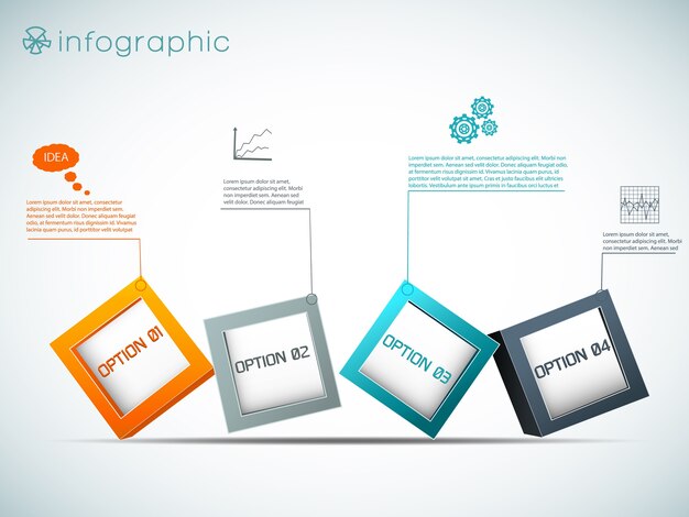 Fila de infografías de opciones con gráficos de cubos de colores y configuración sobre fondo blanco.