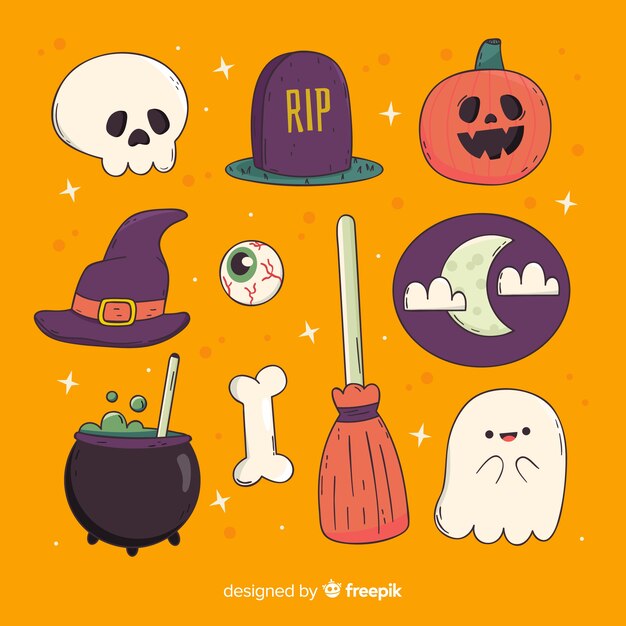 Filas y columnas de la colección de elementos de halloween dibujados a mano