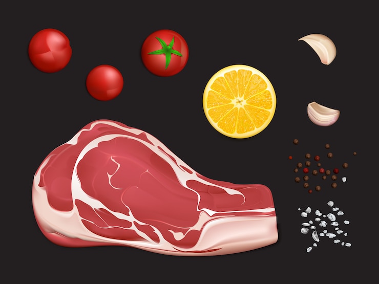 Vector gratuito filete de carne cruda de mármol, porción para cocinar bistec o parrilla con especias y verduras