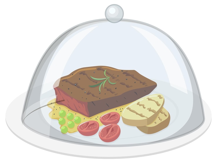 Vector gratuito filete de ternera y patata en el plato con tapa de cristal en bac blanco