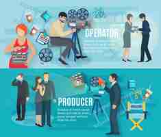 Vector gratuito film shooting horizontal pancartas conjunto con operador productor y actores