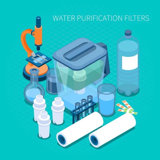 Filtros para purificación de agua en el hogar y equipos de laboratorio de prueba composición isométrica