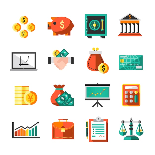 Finanzas banca negocio intercambio de dinero iconos conjunto con maletín escalas gráfico aislado ilustración vectorial