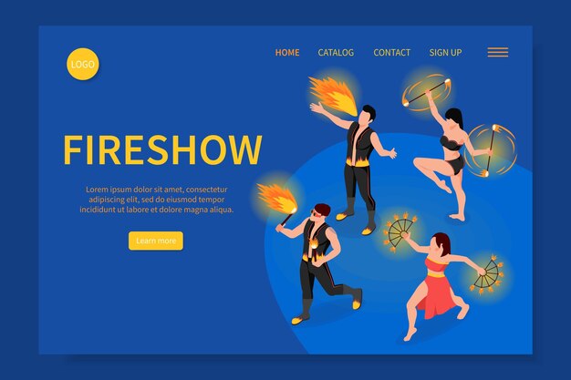 Fireshow personas sitio web isométrico con símbolos de baile de fuego ilustración vectorial