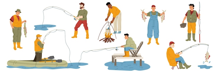 Vector gratuito fisherman hobby set hombre pescando en barco cocinando