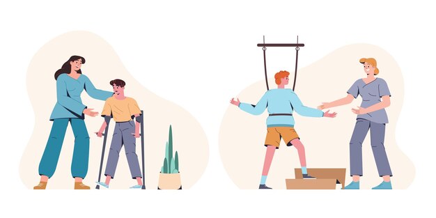 Fisioterapeuta plano ayuda a los niños a recuperarse de una cirugía o lesión en la pierna Adolescentes entrenando a caminar con muletas con apoyo médico en el centro de rehabilitación Tratamiento corporal de fisioterapia