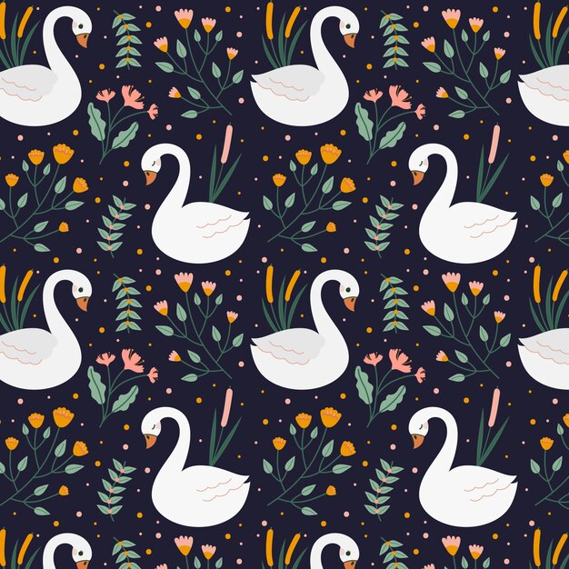Sin fisuras patrón elegante con cisnes y flores.