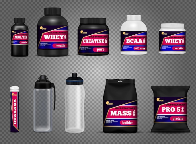 Fitness bebida botellas deporte nutrición proteína envases paquetes negro blanco realista oscuro transparente conjunto aislado