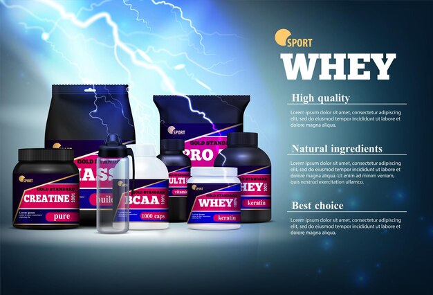 Fitness deporte aumento de masa muscular ingredientes naturales productos proteicos publicidad realista composición descripción tormentoso