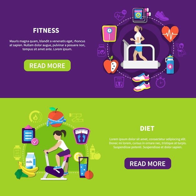 Vector gratuito fitness diet banners horizontales