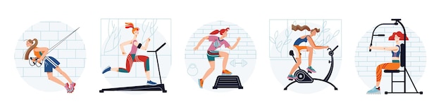 Fitness para niñas en el club deportivo establece mujer deportiva en ropa deportiva con peso y entrenamiento cardiovascular con equipo de cuerda y gimnasio Concepto de culturismo de estilo de vida saludable