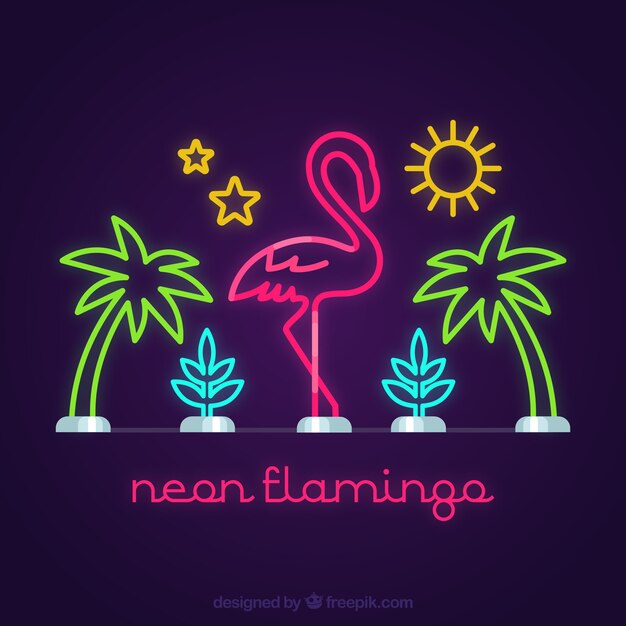 Flamenco de neón con elementos de playa y luz rosa
