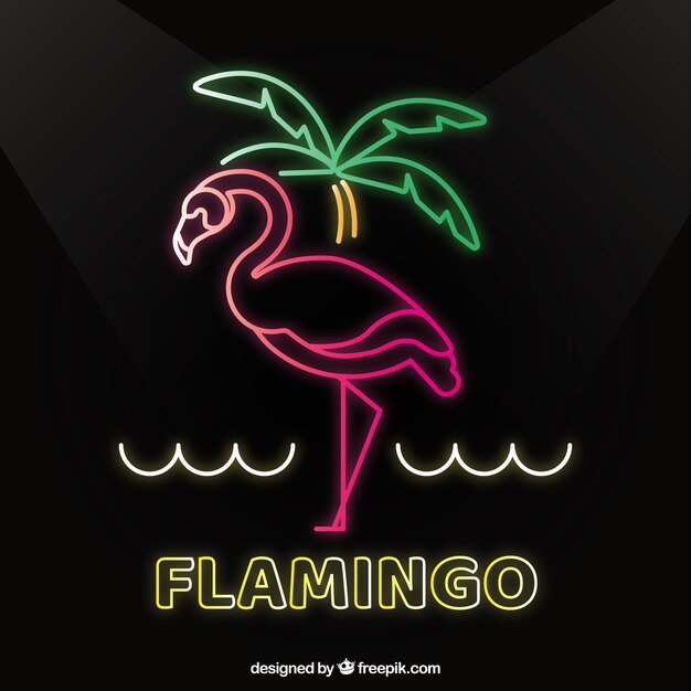 Flamenco de neón con elementos de playa 