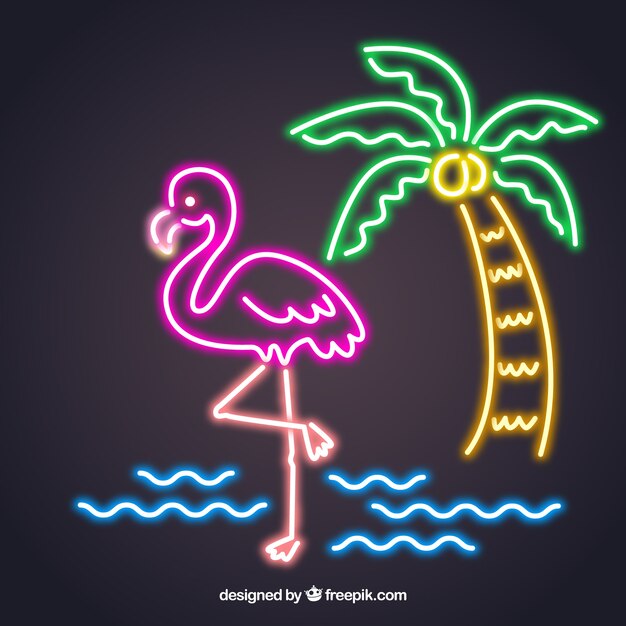 Flamenco de neón con elementos de playa 